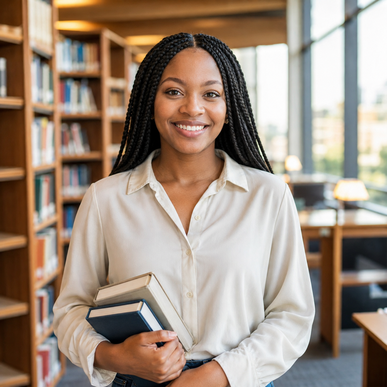 Une étudiante souriante tenant des livres dans une bibliothèque